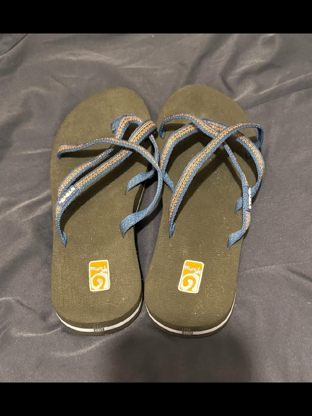 Teva Olive Footbed Sandals with Blue and Tan Straps